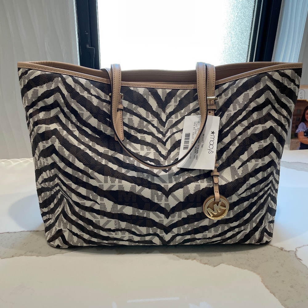 Michael Kors Black and White Zebra Print Tote with Tan Trim
